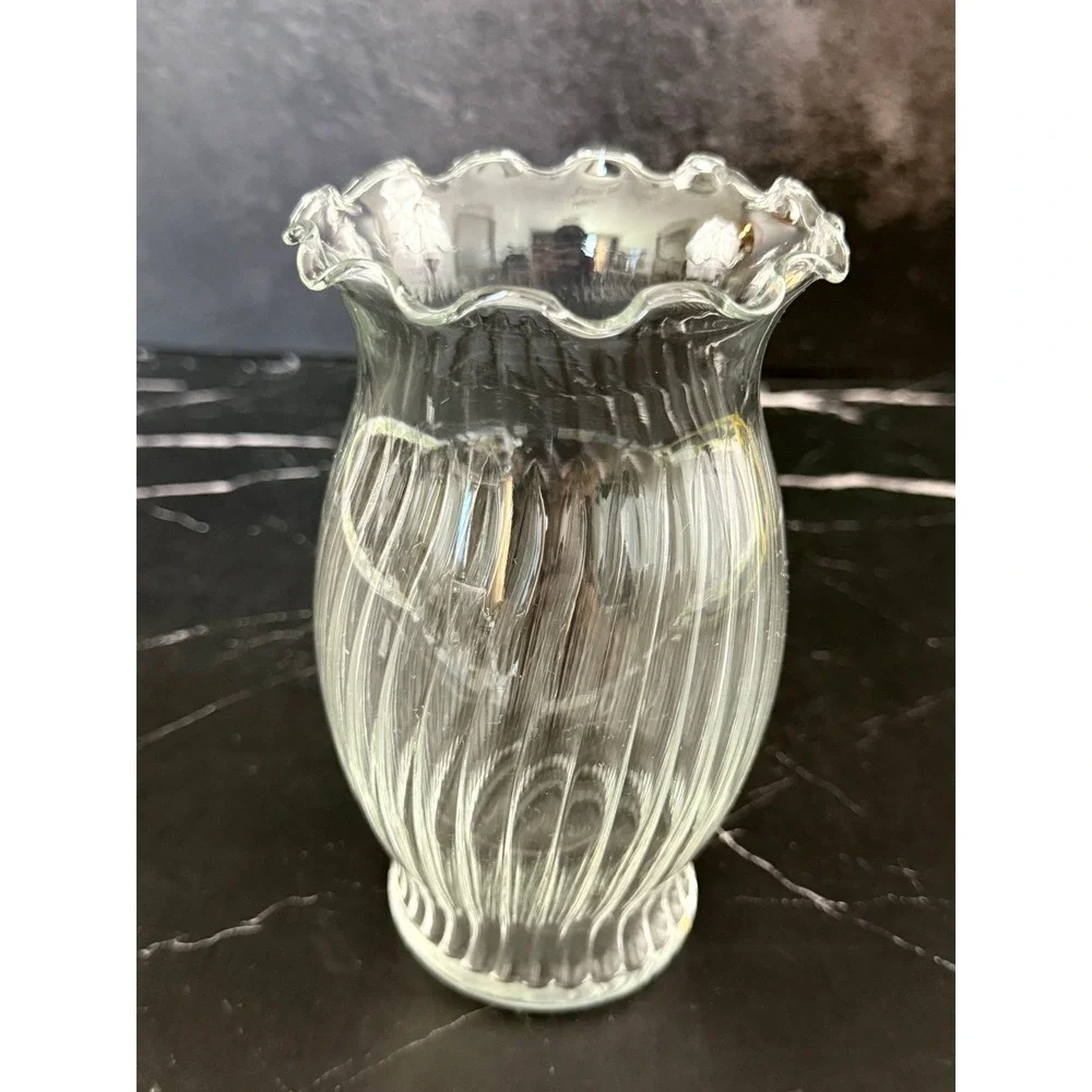 Vintage Clear Indiana Glass Vase Optic Swirl Ruffled Edge 6.5in